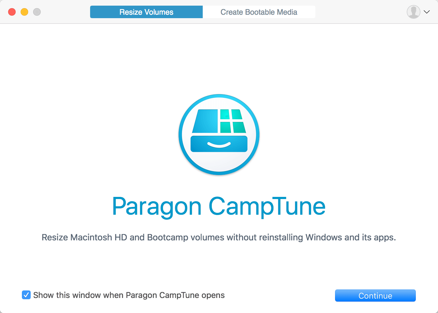 Paragon CampTune. Zarządzaj dyskiem Mac bez reinstalacji systemu Windows. Zrzut ekranu.