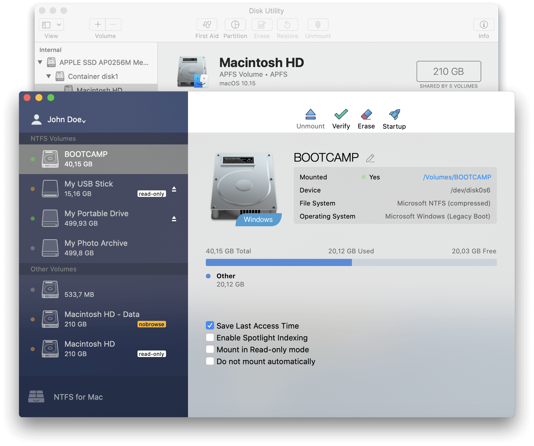 Microsoft NTFS for Mac firmy Paragon Software. Use Apple’s Disk Utility with volume operations and mount options. Zrzut ekranu.