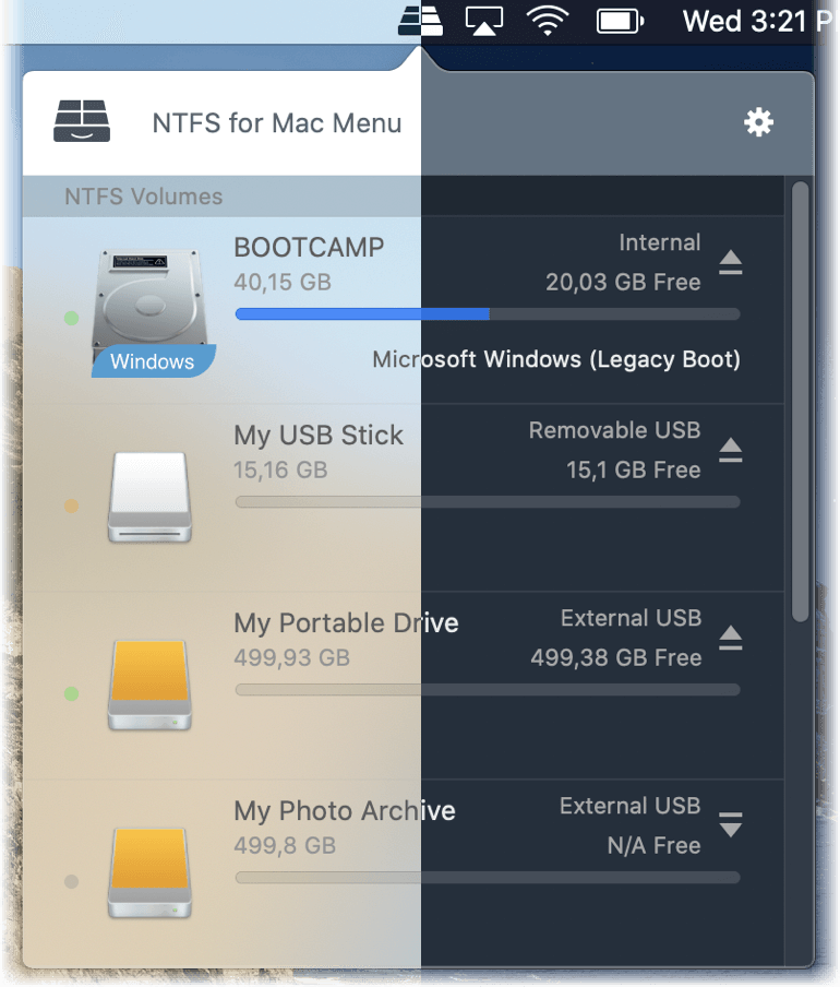 Microsoft NTFS for Mac firmy Paragon Software. Mount Volume with Microsoft drivers. Zrzut ekranu.