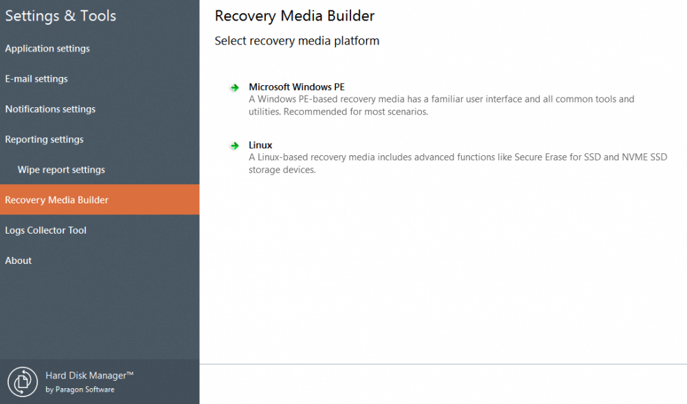 Paragon Drive Copy Professional. Recovery Media Builder. Screenshot.