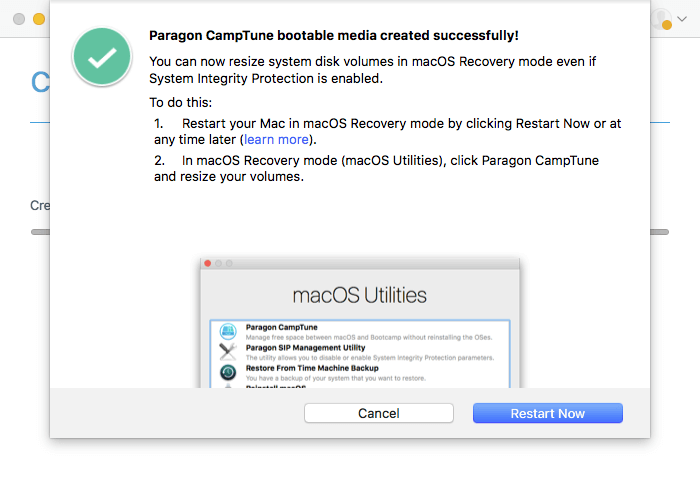 Paragon CampTune. Zmieniaj rozmiar dysku systemowego w trybie MacOS Recovery. Zrzut ekranu.